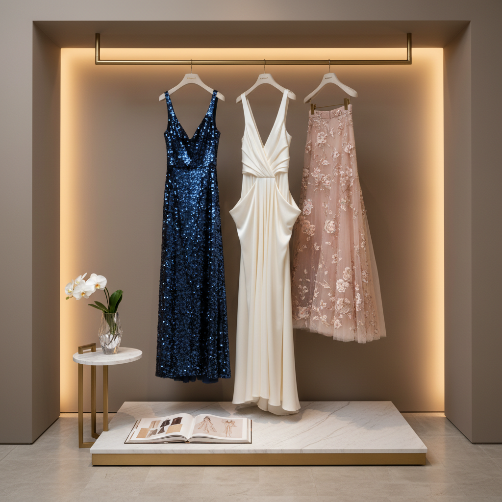 A refined corner of a luxury couture showroom, featuring a minimalist brass clothing rail holding three distinct haute couture pieces on matching ivory velvet hangers: a midnight blue sequined gala dress, a sleek ivory column gown with architectural pleats, and a soft rose tulle skirt with delicate embroidery. Below, a low marble-topped side table supports a crystal vase with a single white orchid and an open couture lookbook. The backdrop is a smooth, warm gray wall, subtly illuminated by hidden LED strip lighting that creates a soft halo behind the garments. Photographic realism, shot straight on at eye level with a moderate depth of field, every texture rendered in crisp detail. The atmosphere is curated, exclusive, and elegantly understated, evoking the feeling of a private, high-fashion consultation space.