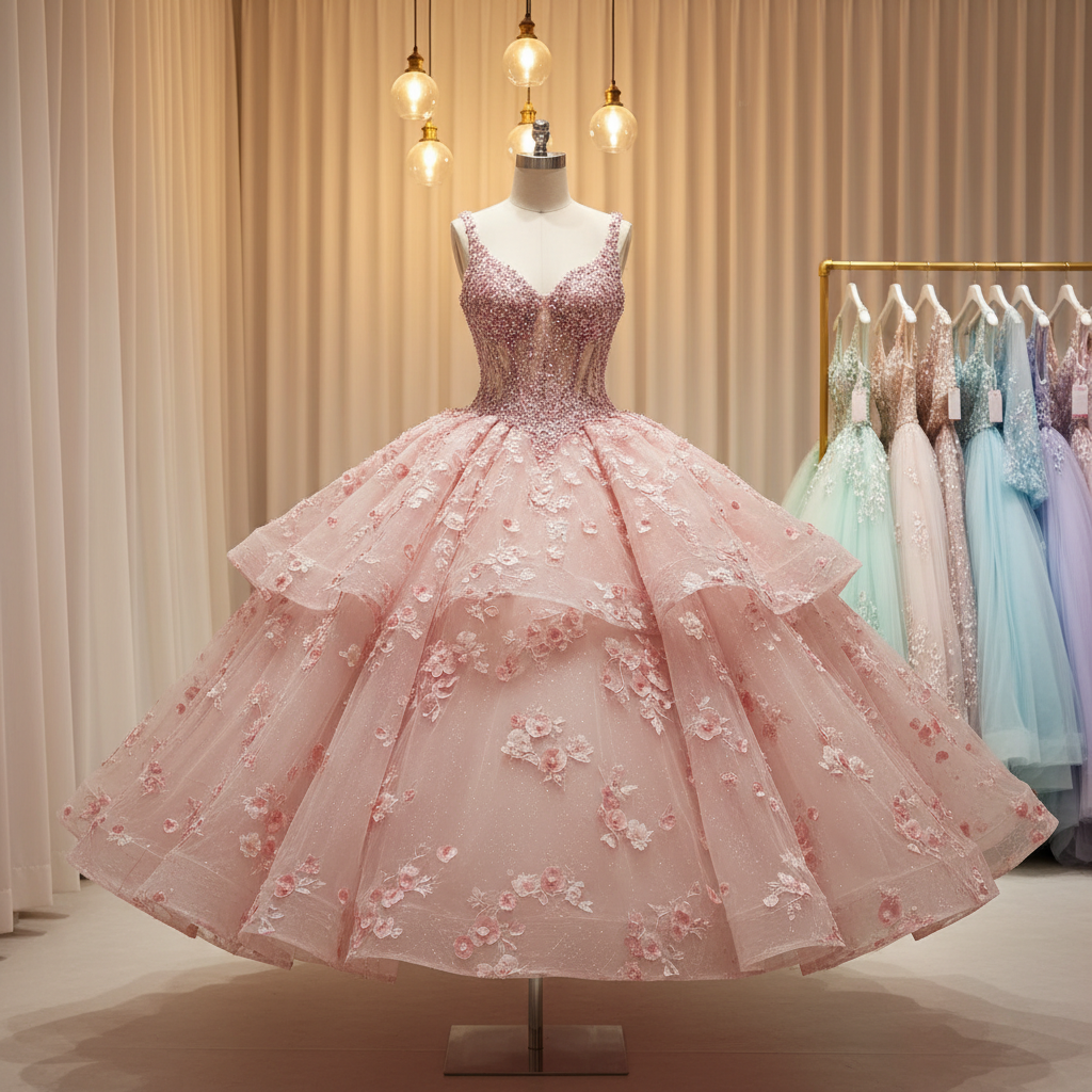 An opulent quinceañera ball gown showcased on a delicate white mannequin torso with a slim metal base, the voluminous skirt crafted from layers of blush pink organza embroidered with tiny tonal flowers, and a corset-style bodice encrusted with shimmering sequins and iridescent beads. The dress is positioned in front of a backdrop of floor-to-ceiling muslin drapes and a softly illuminated clothing rack filled with pastel-colored haute couture creations, slightly out of focus. Warm pendant lighting from above casts a gentle glow over the gown, enhancing the dimensional textures and subtle color transitions. Photographic realism, shot from a slightly low angle to emphasize grandeur, with a medium depth of field that keeps the dress crisp while the surroundings remain softly blurred. The scene feels celebratory, romantic, and sophisticated.