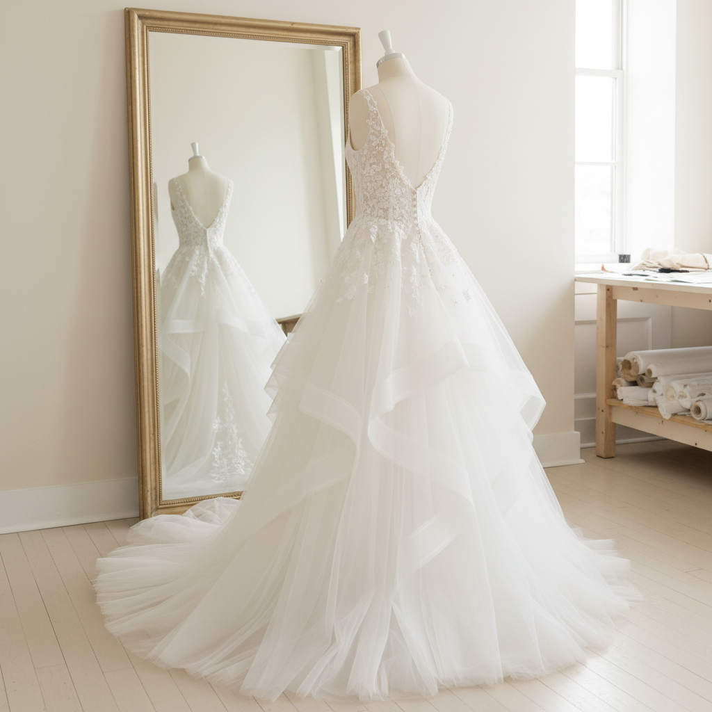 A pristine white bridal gown on a sculptural, headless dress form, the skirt made of multiple layers of ultra-fine tulle cascading in a soft, cloud-like volume, with a structured mikado silk bodice featuring delicate lace appliqués and tiny pearls. The mannequin stands slightly angled before a large, antique-style mirror framed in brushed gold, reflecting the dress’s intricate back details. The atelier space is minimalist and immaculate, with pale cream walls, a smooth wooden floor, and an open pattern-cutting table in the blurred background. Soft studio lighting and gentle window light blend to create a luminous, airy feel, with subtle highlights on the tulle edges. Photographic realism, composed with the gown placed on the rule of thirds, the mood serene, intimate, and unmistakably high-end.