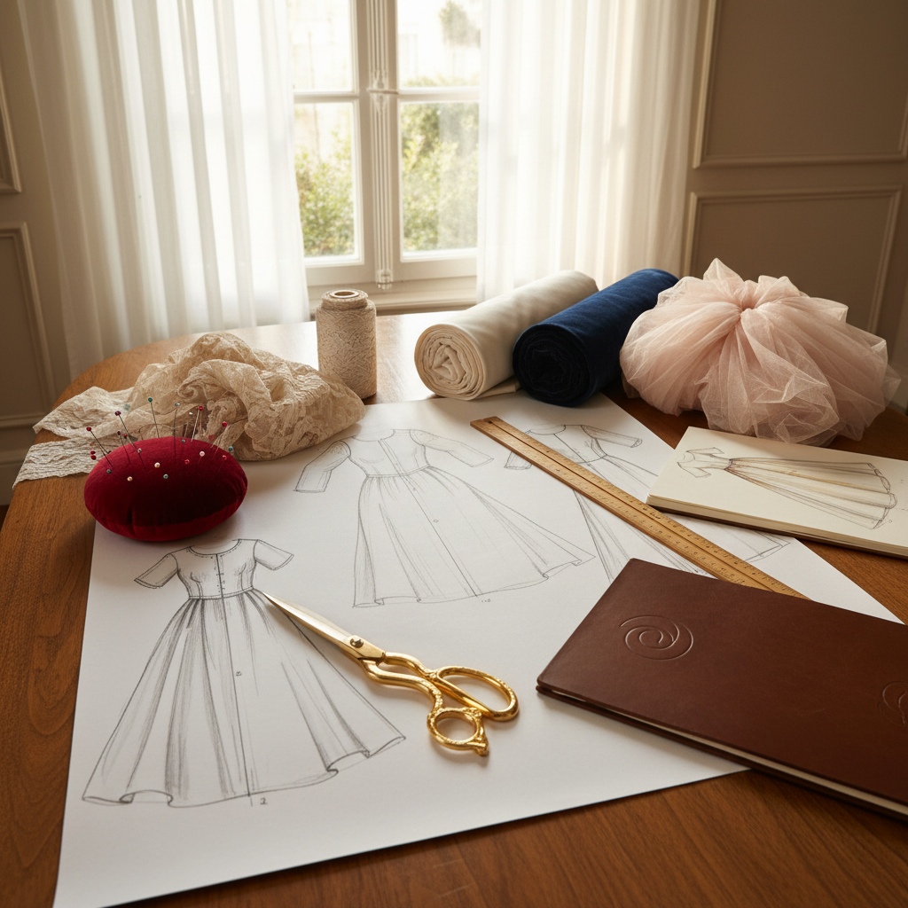 A meticulously organized couture design table in a high-end fashion atelier, featuring a large, hand-drawn dress pattern on crisp white paper, surrounded by neatly rolled bolts of luxurious fabrics: ivory silk, champagne lace, deep navy velvet, and pale blush tulle. Beside them rest premium tailoring tools: golden dressmaker scissors, a polished wooden meter ruler, a pincushion with fine glass-headed pins, and a leather-bound sketchbook open to a detailed gown illustration. The table sits near a tall window with sheer curtains, allowing soft afternoon light to wash over the textures, creating gentle shadows and subtle highlights on metallic surfaces. Photographic realism, captured from an elevated three-quarter angle with sharp focus throughout, the composition balanced and uncluttered. The mood is calm, precise, and creative, reflecting bespoke, made-to-measure craftsmanship.