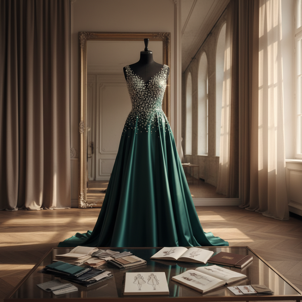 A luxurious haute couture evening gown displayed on an elegant black velvet mannequin stand, the dress crafted from deep emerald silk satin with a fluid, mirror-like sheen and meticulously hand-sewn crystal embellishments along the bodice. It stands in the center of a refined atelier interior with floor-to-ceiling soft beige drapes, a long mirrored wall, and a low glass table holding neatly arranged fabric swatches and sketchbooks. Golden hour light filters through tall windows, creating long, graceful shadows and sparkling reflections on the crystals. Photographic realism, shot at eye level with a shallow depth of field, the gown sharply in focus while the background dissolves into a gentle bokeh, conveying a sophisticated, exclusive, and aspirational atmosphere.